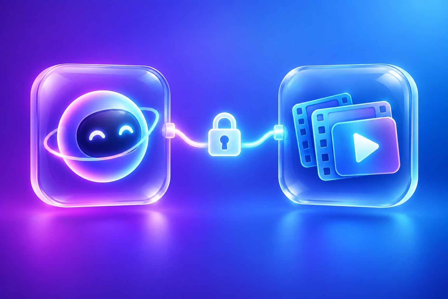 Two glowing app tiles joined by a bright connector line, one representing an AI agent and one a video clip