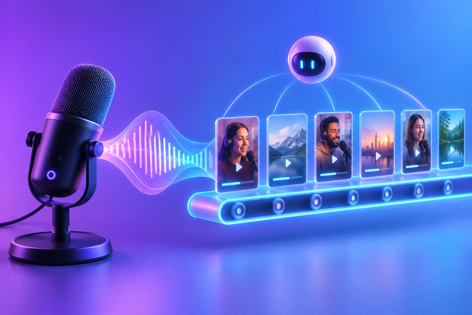 A podcast microphone emitting a sound wave that splits into a row of short vertical video clips moving along a conveyor
