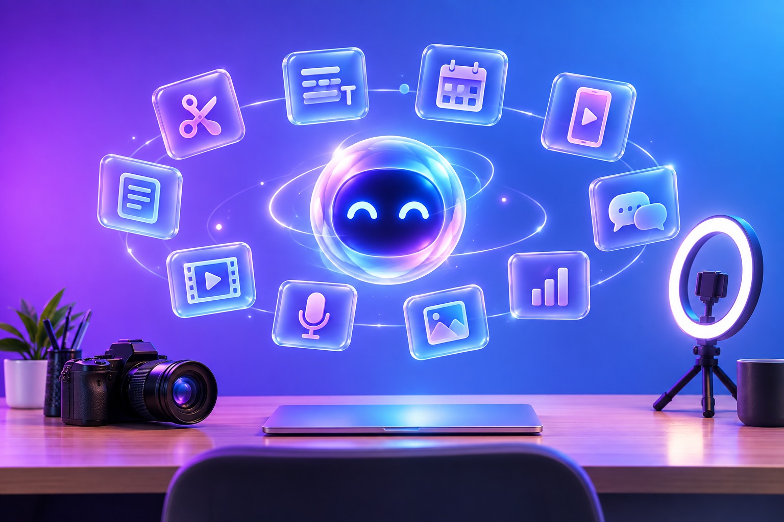 A creator's workspace surrounded by ten floating task cards orbiting a glowing AI agent orb