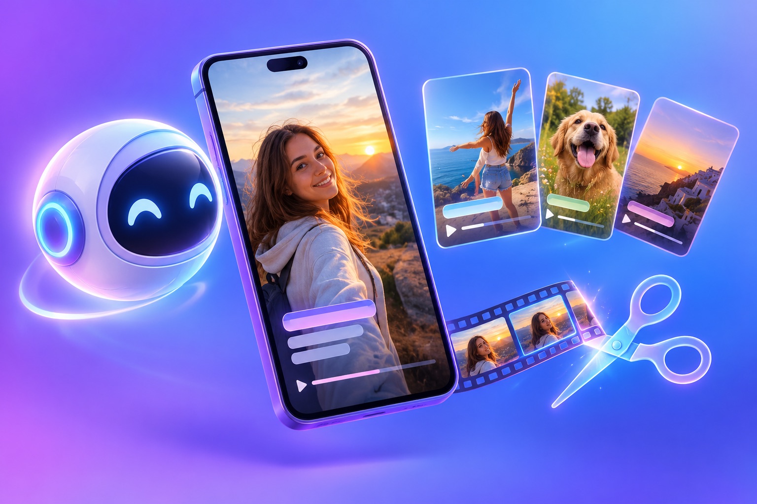 A friendly AI agent orb beside a phone showing vertical video clips being trimmed and captioned automatically