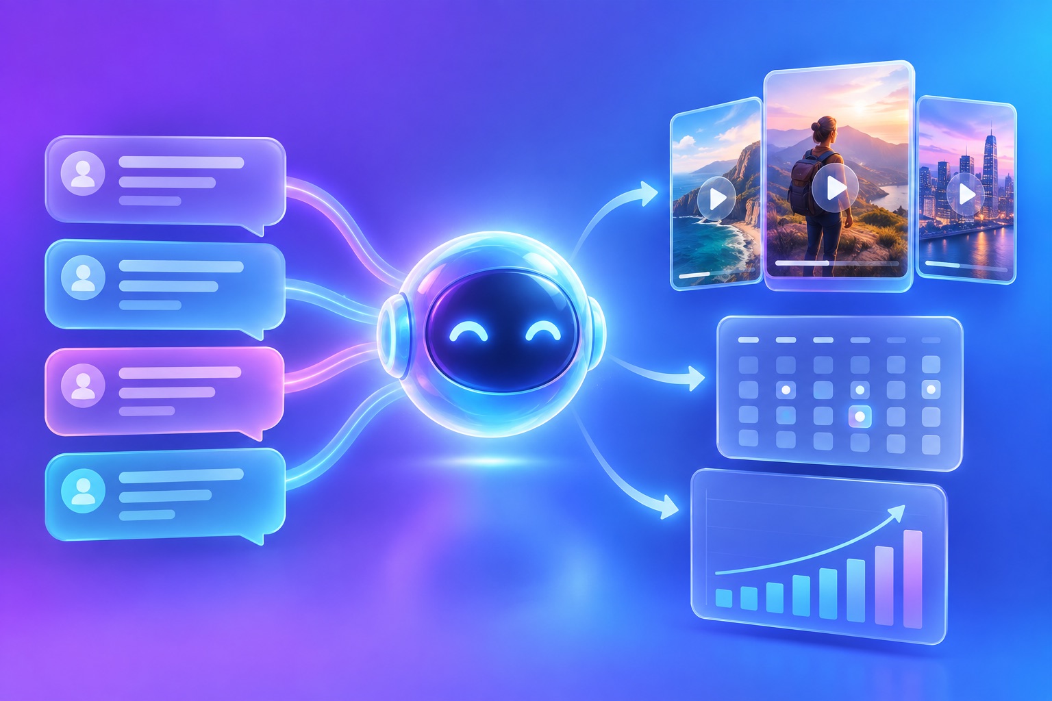 A glowing chat bubble stack beside an AI agent orb, with vertical video clips and a calendar floating nearby