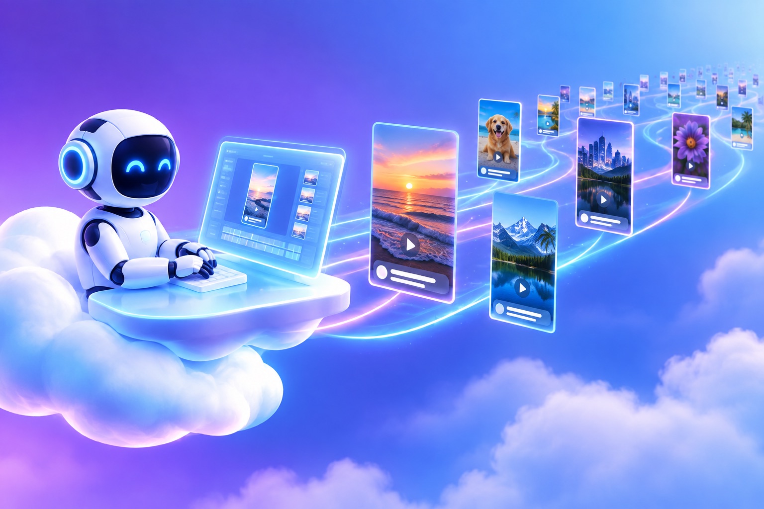A sleek AI teammate robot at a cloud workstation sending finished vertical video clips out along glowing paths