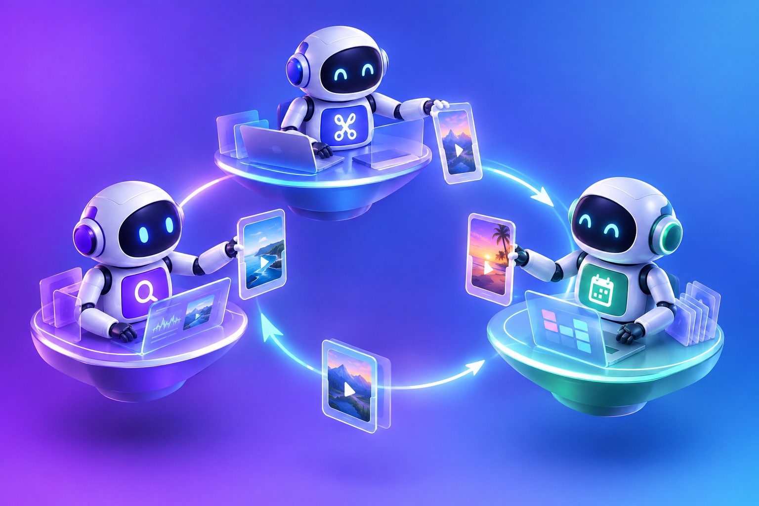 Three distinct AI teammate robots at connected workstations passing video clips between them in a glowing loop