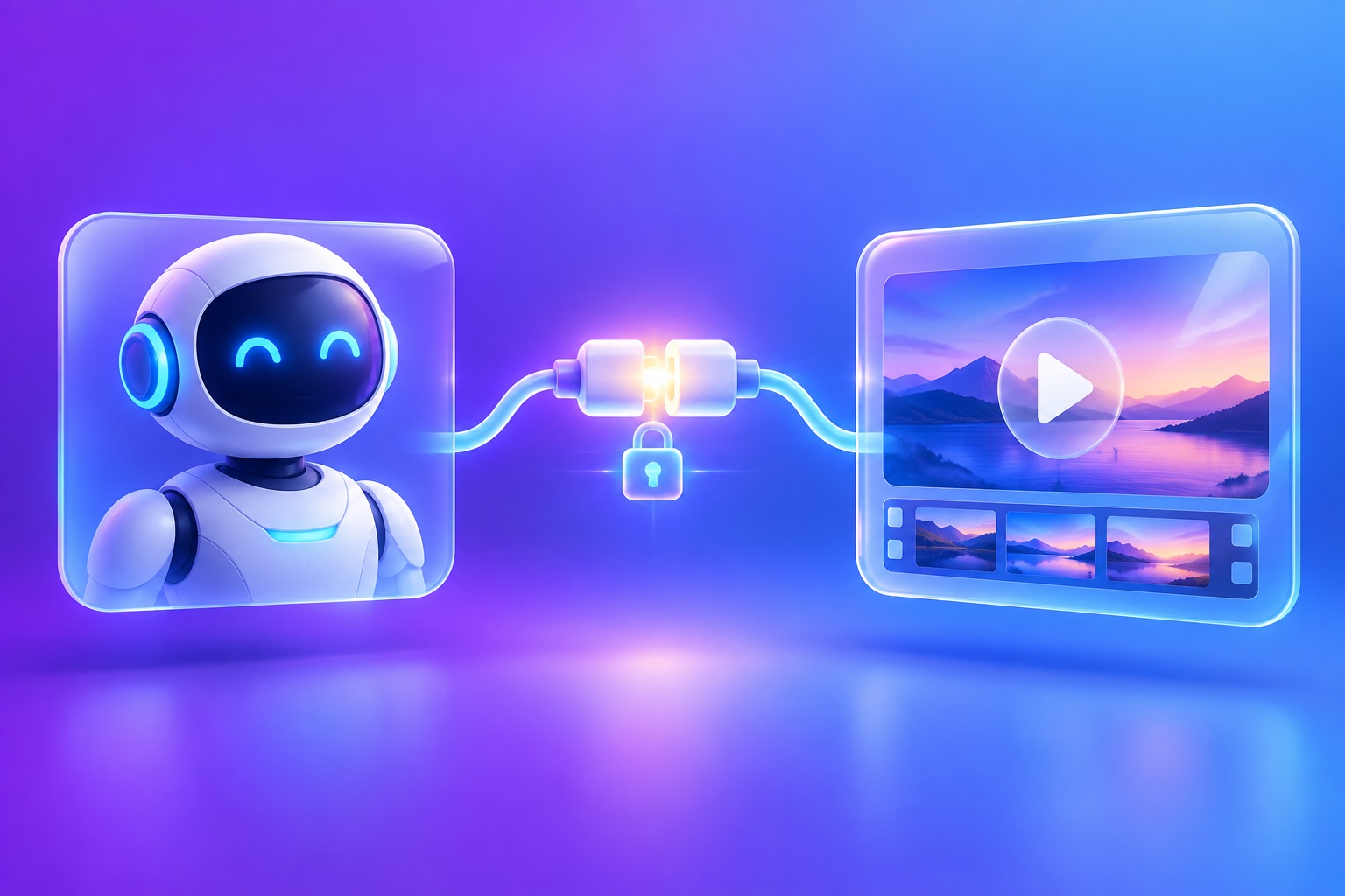 A glowing plug connecting an AI teammate robot to a video clip tile, with a small padlock showing secure sign-in