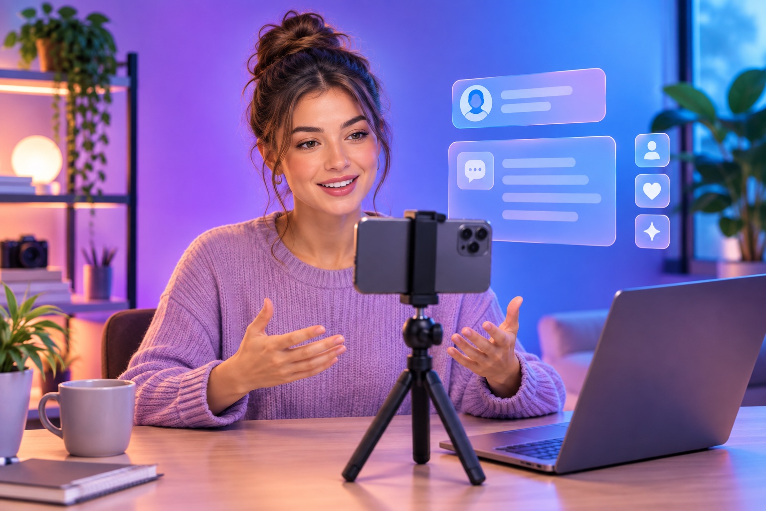 A creator filming a talking-head video on a phone tripod at a desk with a laptop open beside it