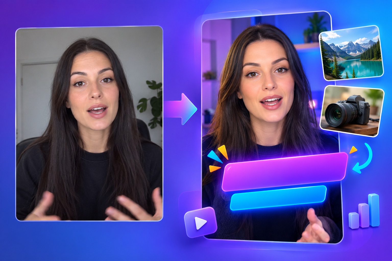 A plain talking-head video frame turning into a polished vertical video with captions and B-roll