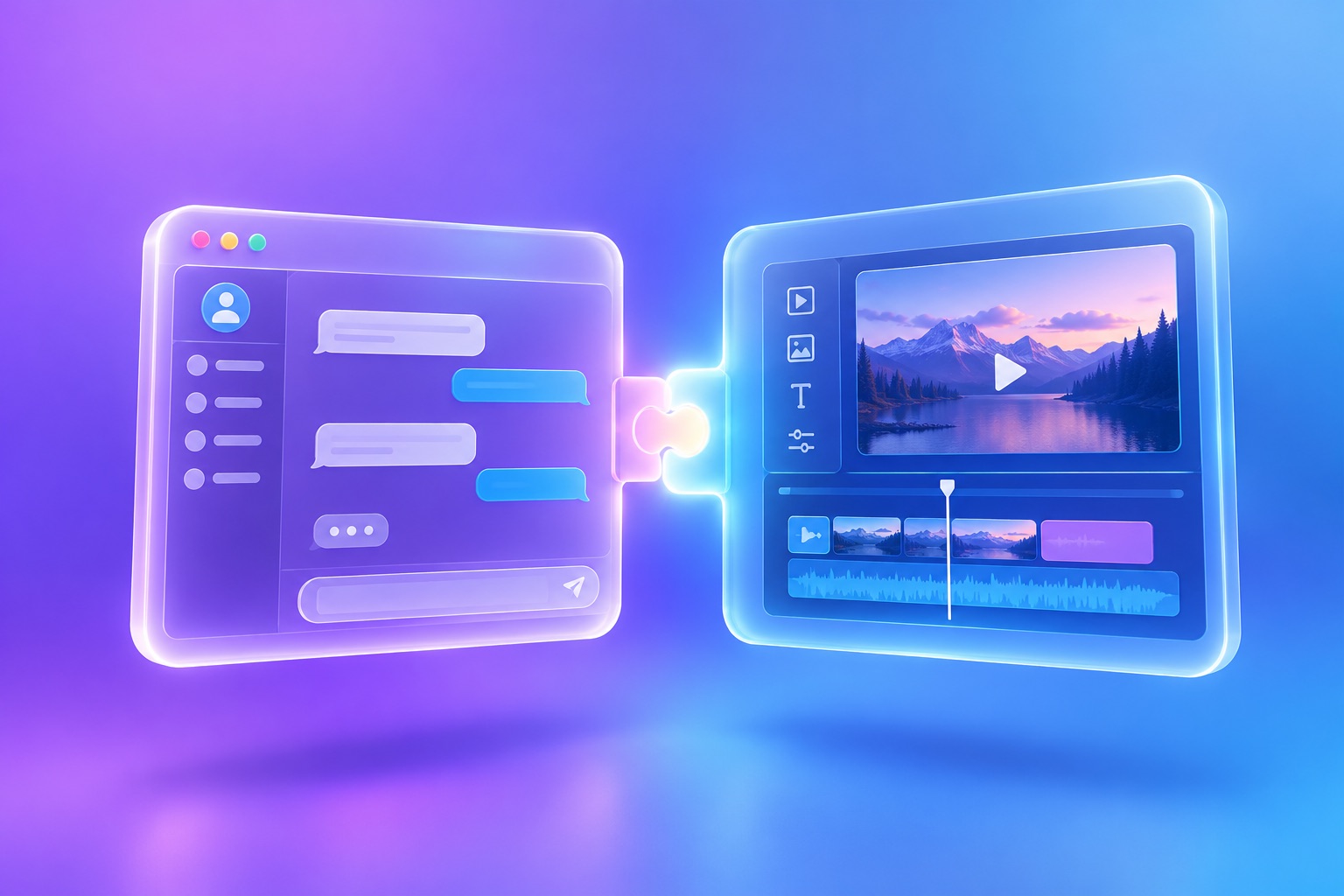 A chat window and a video editor panel joined by a glowing plug-in connector
