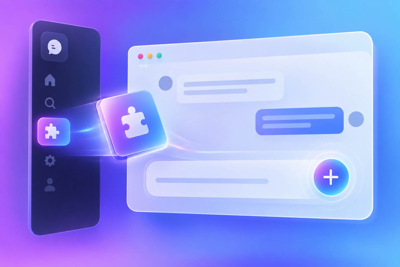 A plugin tile sliding from a sidebar into a chat window with a plus button