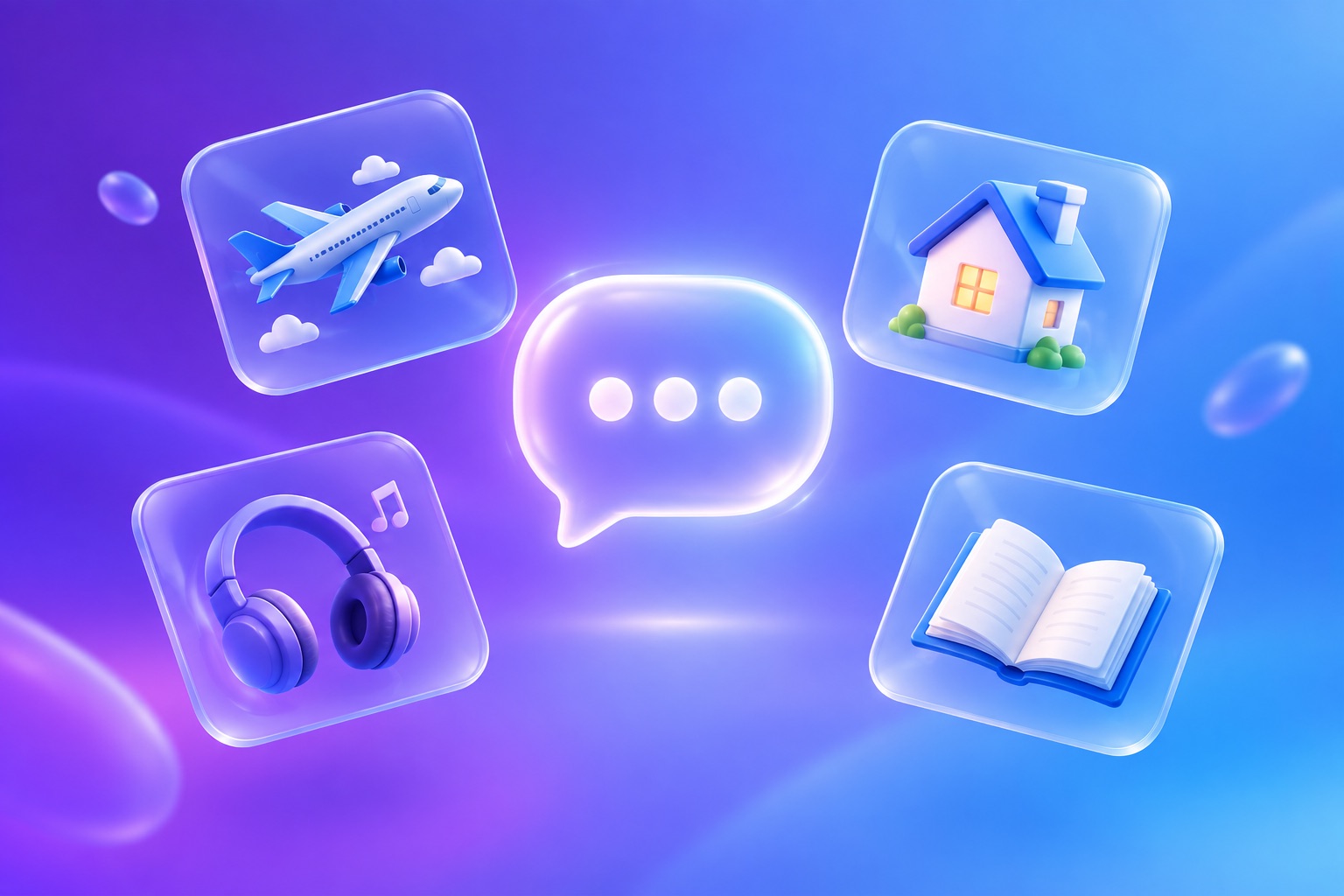 Floating cards for travel, music, homes and research in a calm gradient space