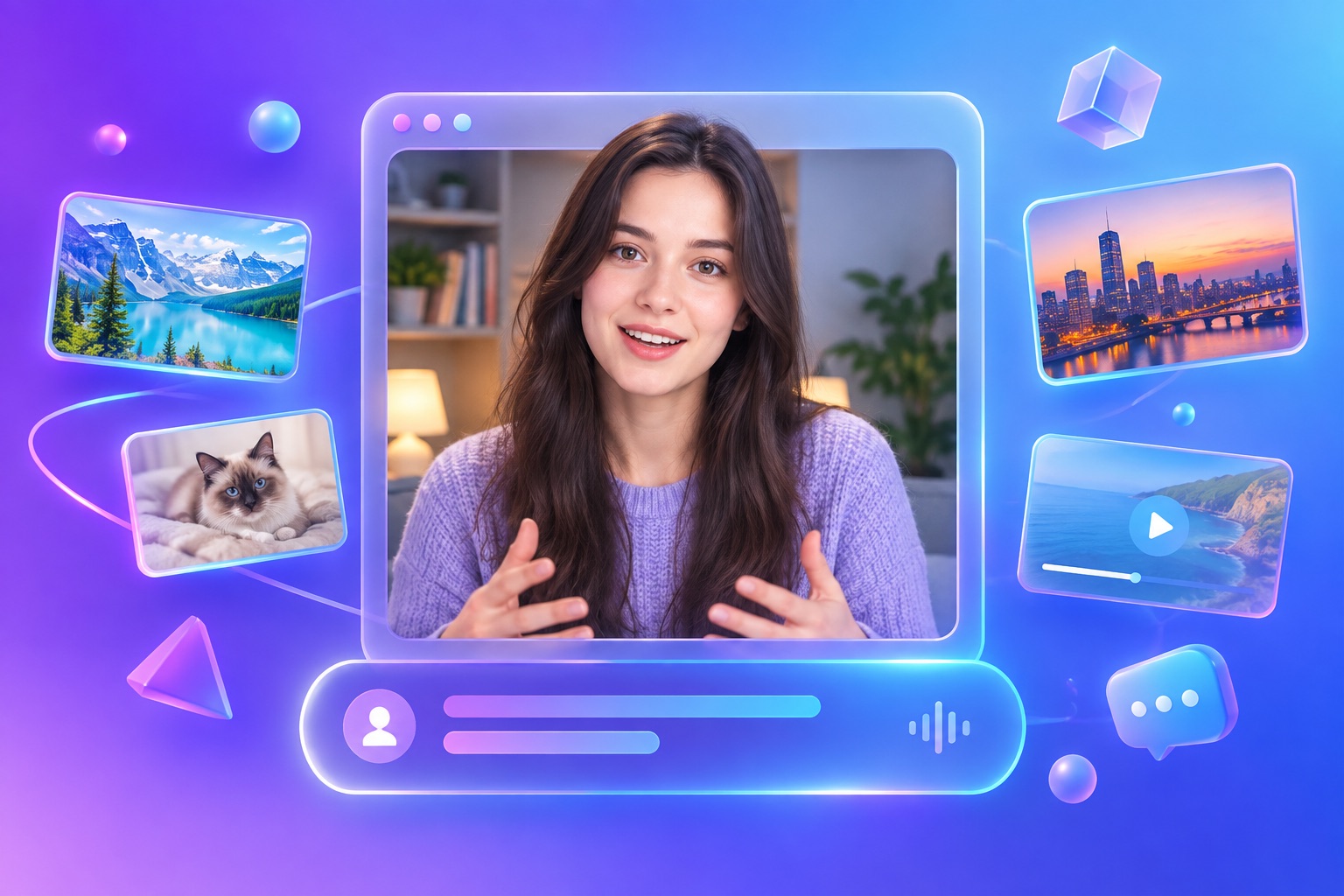 A talking-head video inside a chat window with caption bars and motion graphic shapes