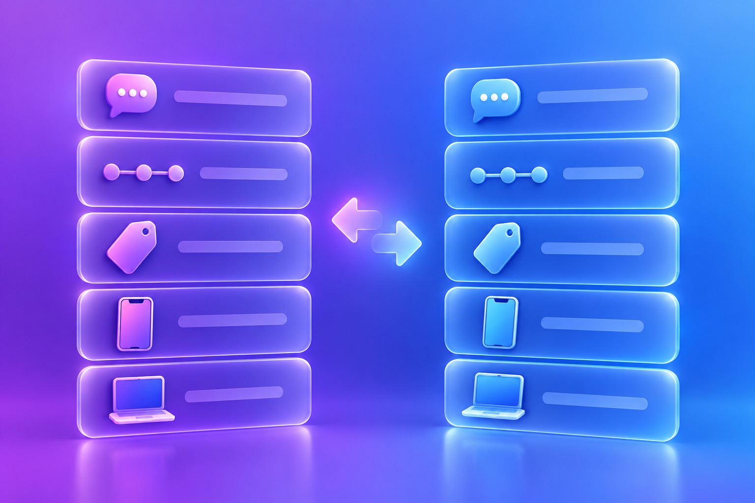 Two columns of glowing comparison cards with simple feature icons