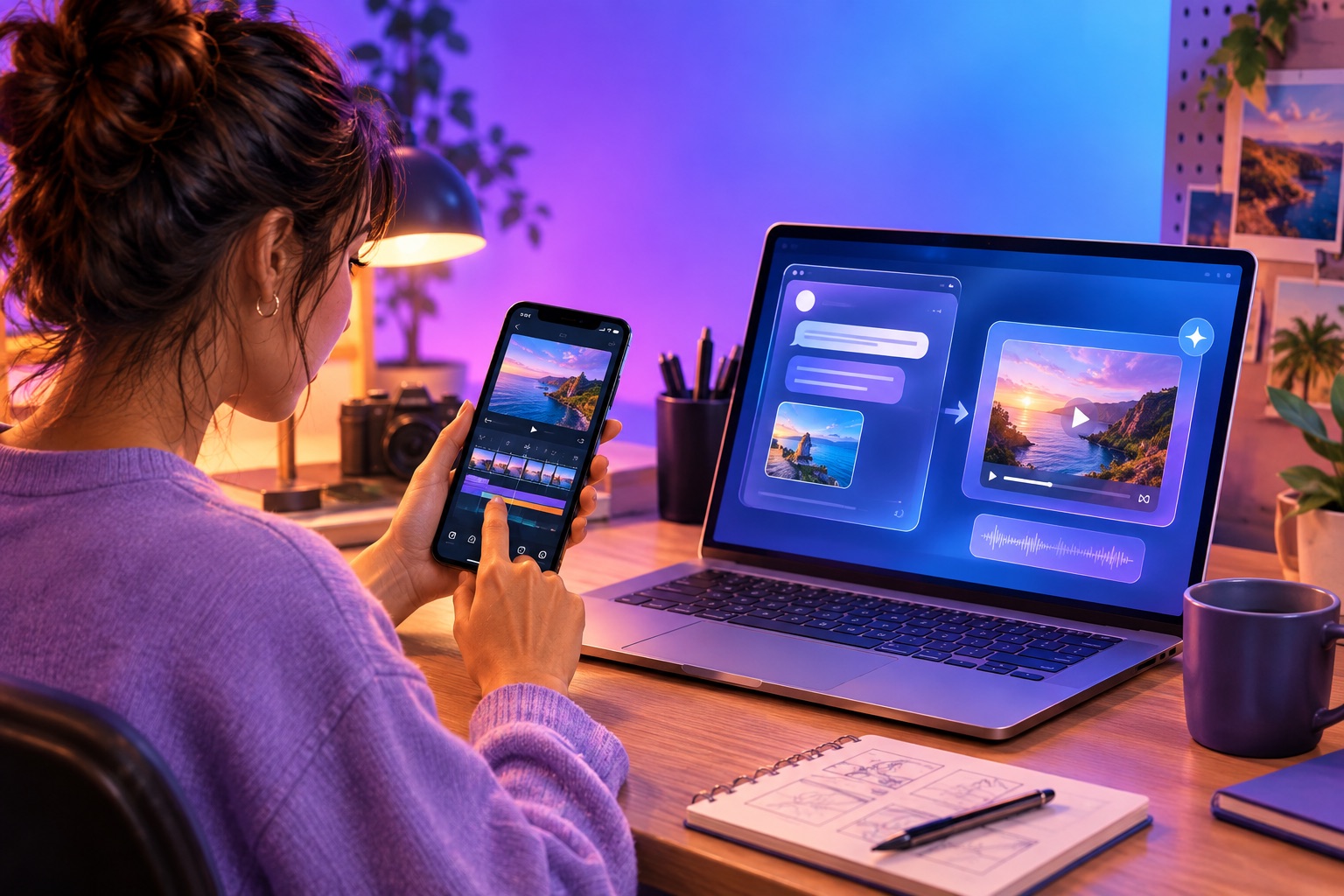 A creator holding a phone while a laptop beside them shows a chat window