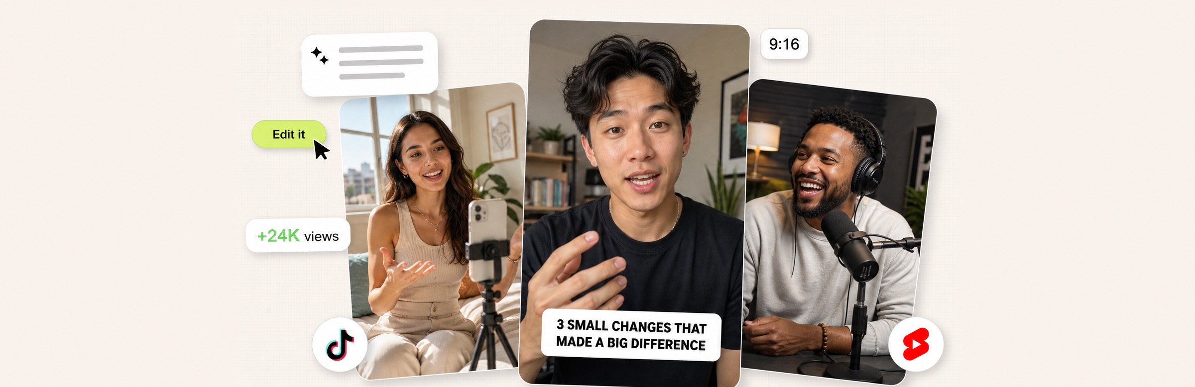 Three creators filming and podcasting, with a chat prompt, an Edit it button and a +24K views badge