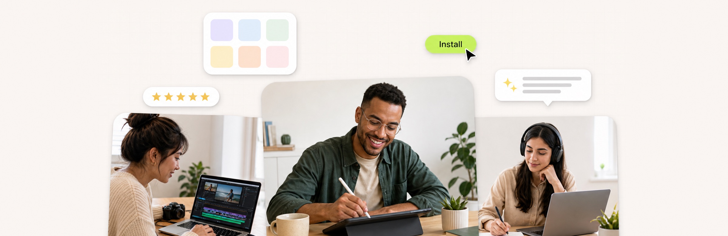 Three people working on laptops and a tablet, with app tiles, an Install button, a five-star rating and a chat prompt