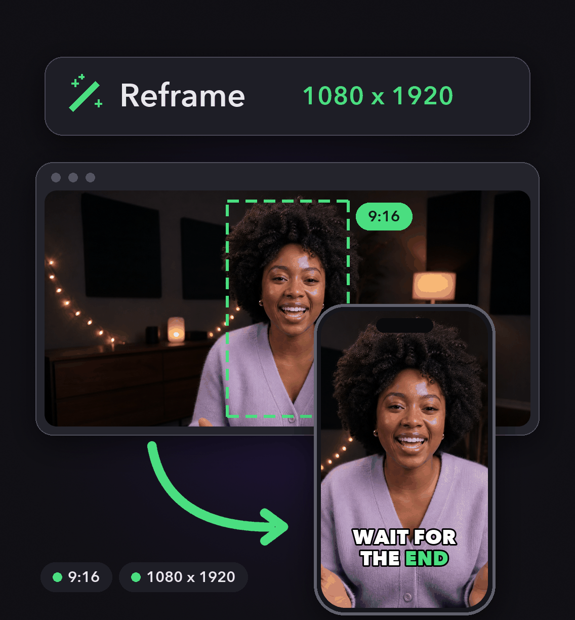 TikTok Video Size: a landscape video with a 9:16 crop box reframed into a vertical clip in OpusClip