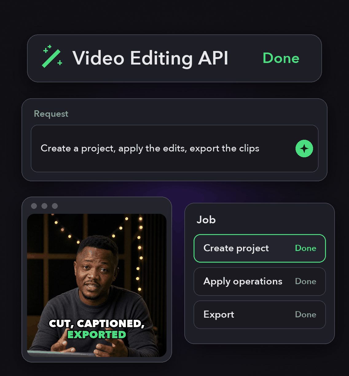 Video Editing API: a text request, the steps OpusClip runs and the finished clip in OpusClip