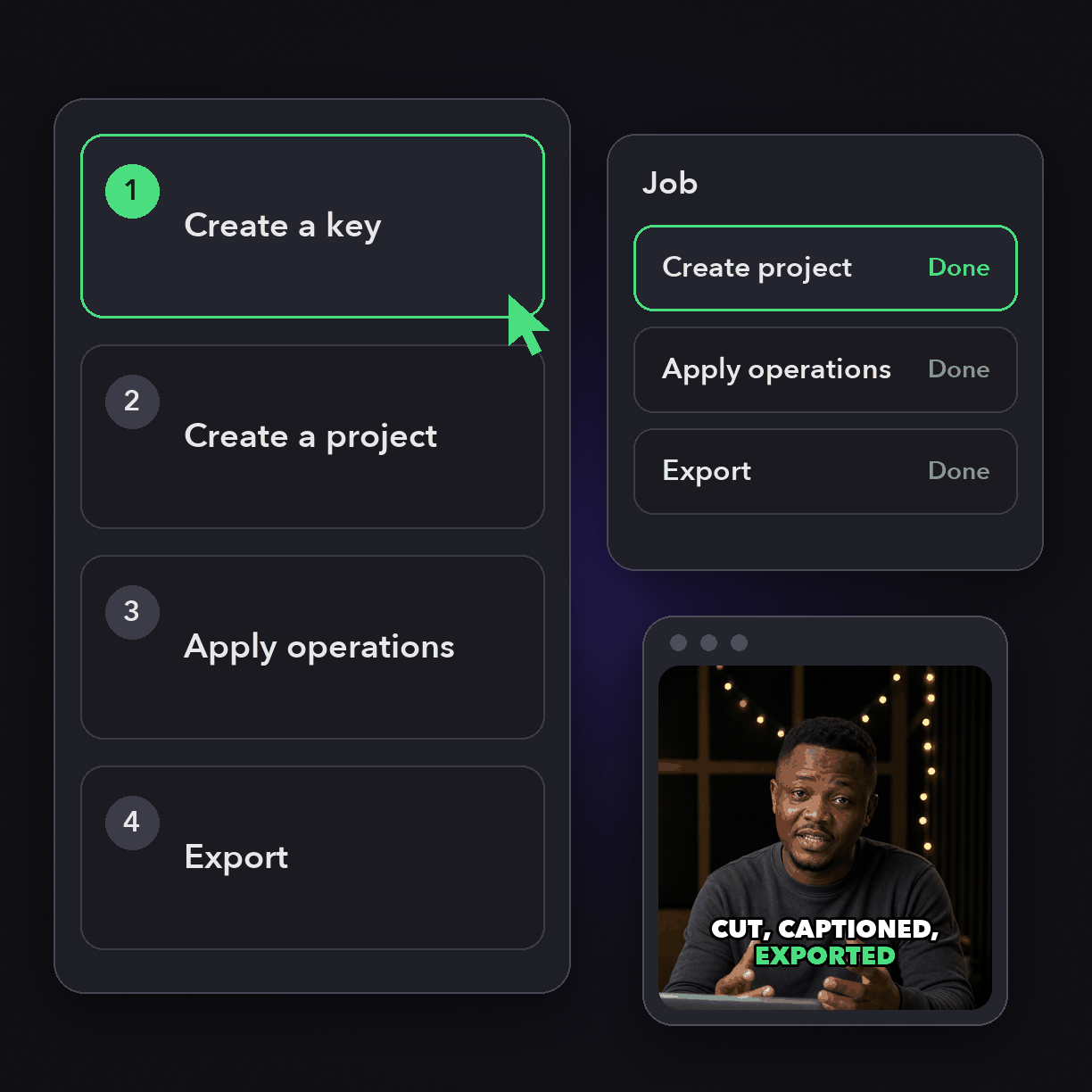 How Video Editing API works in OpusClip: create a key, create a project, apply operations, export