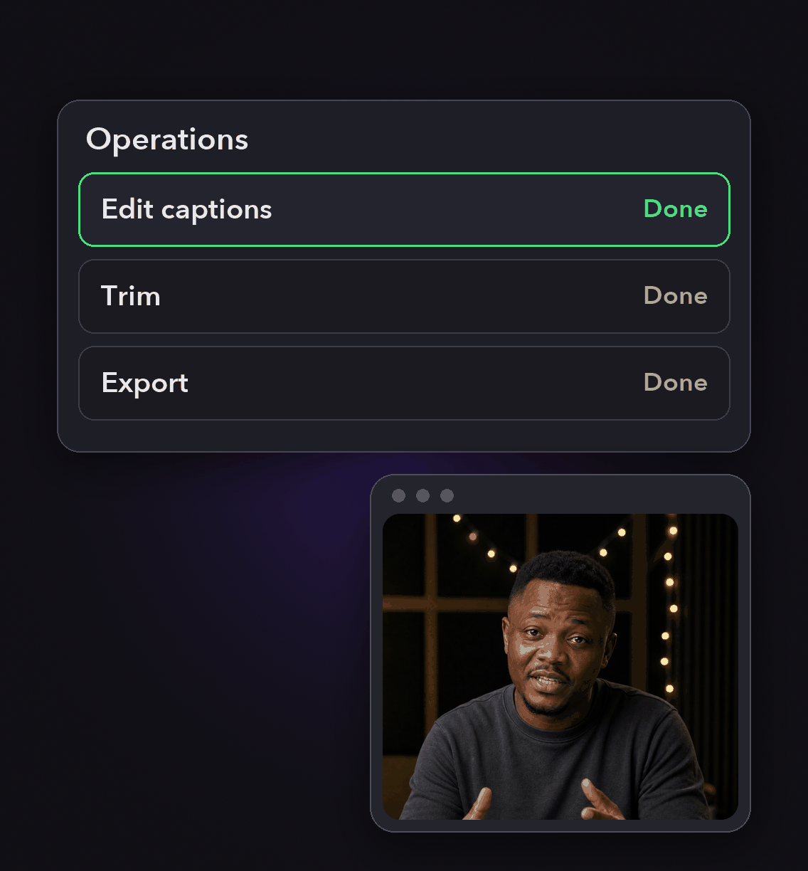 Fix captions without opening an editor: the steps OpusClip runs, each marked done, next to the finished clip