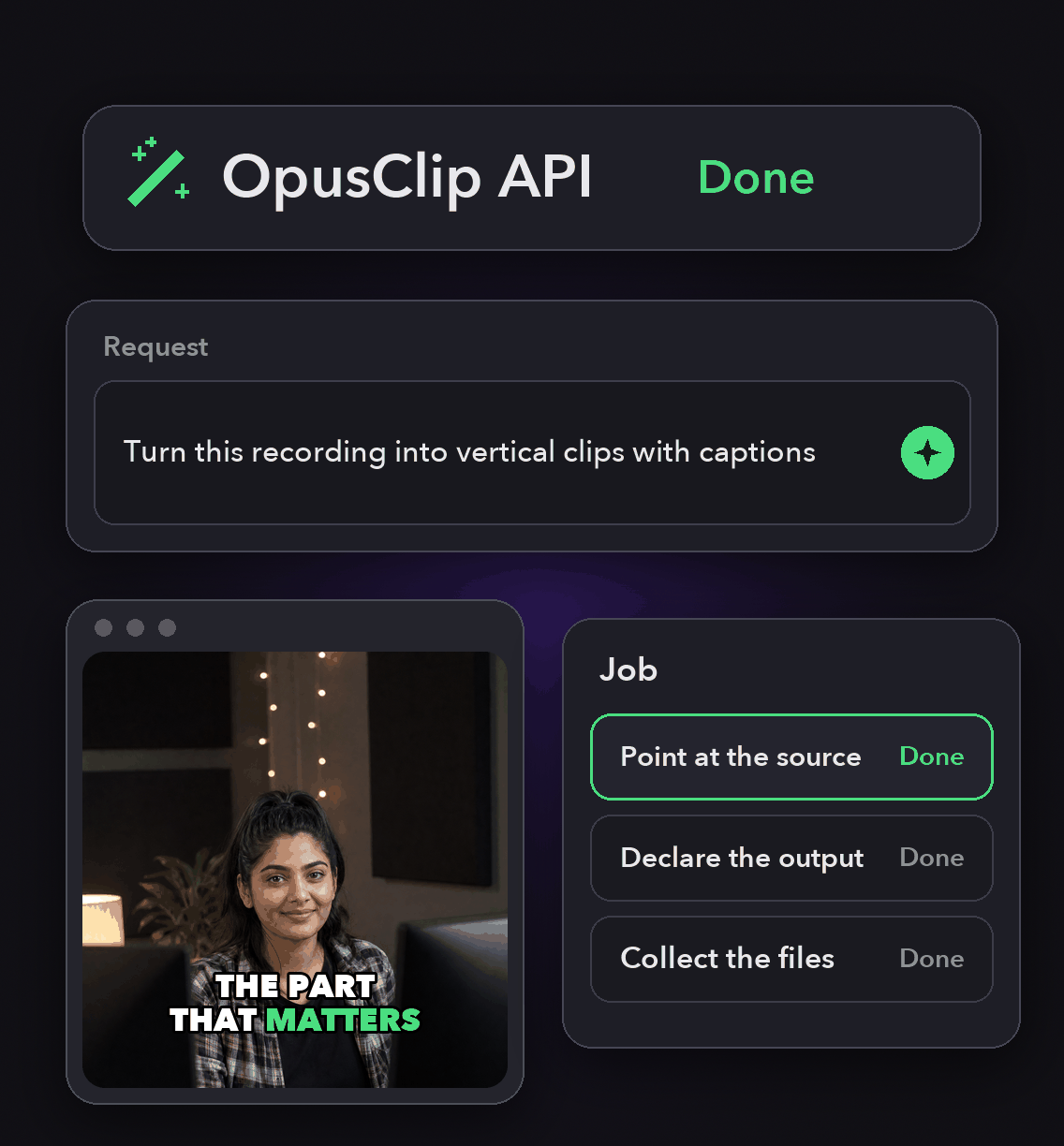 FFmpeg Alternative: a text request, the steps OpusClip runs and the finished clip in OpusClip