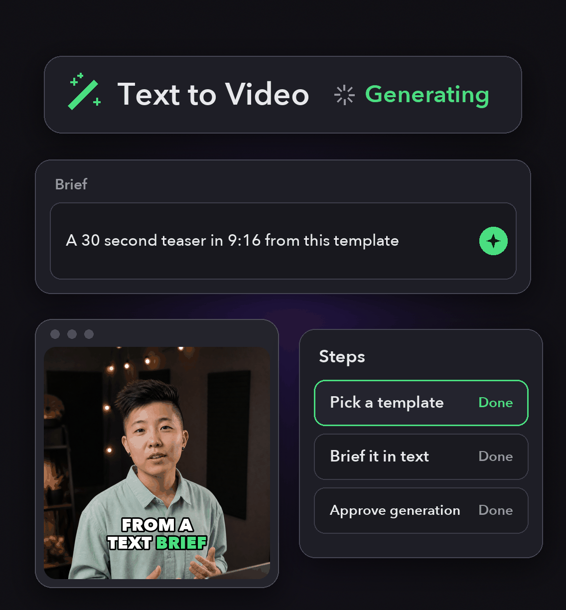 Text to Video API: a text request, the steps OpusClip runs and the finished clip in OpusClip