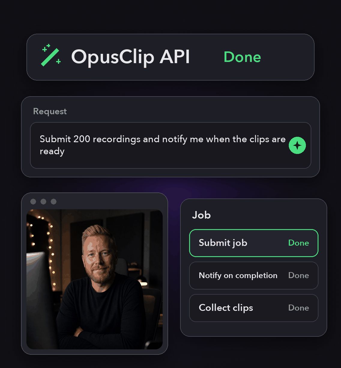 Programmatic Video: a text request, the steps OpusClip runs and the finished clip in OpusClip