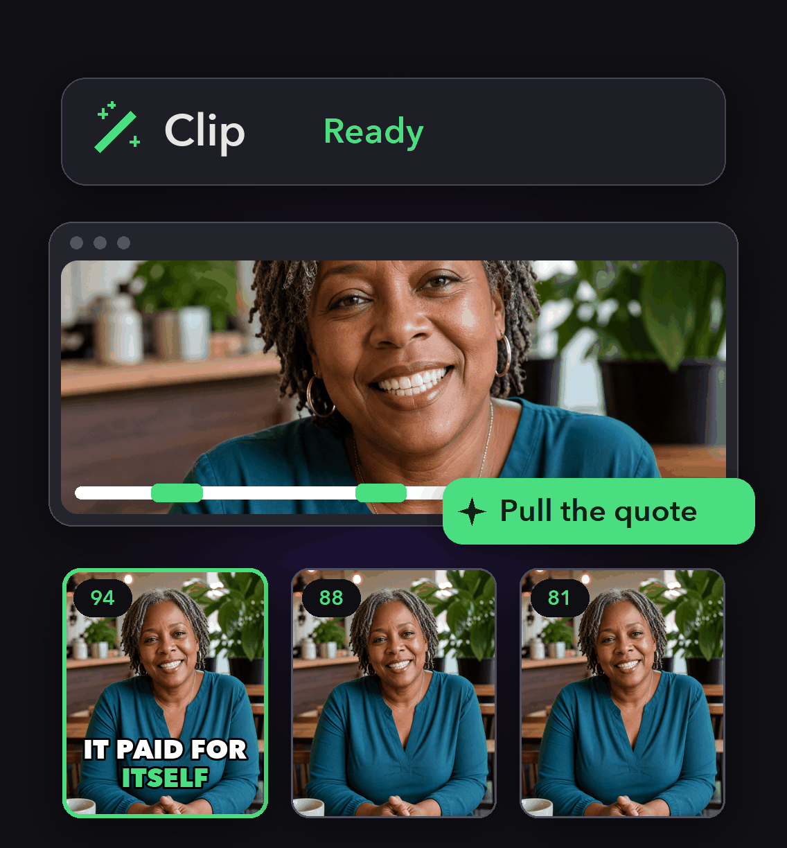 Testimonial Video Maker: a long video cut into vertical clips ranked by Virality Score in OpusClip