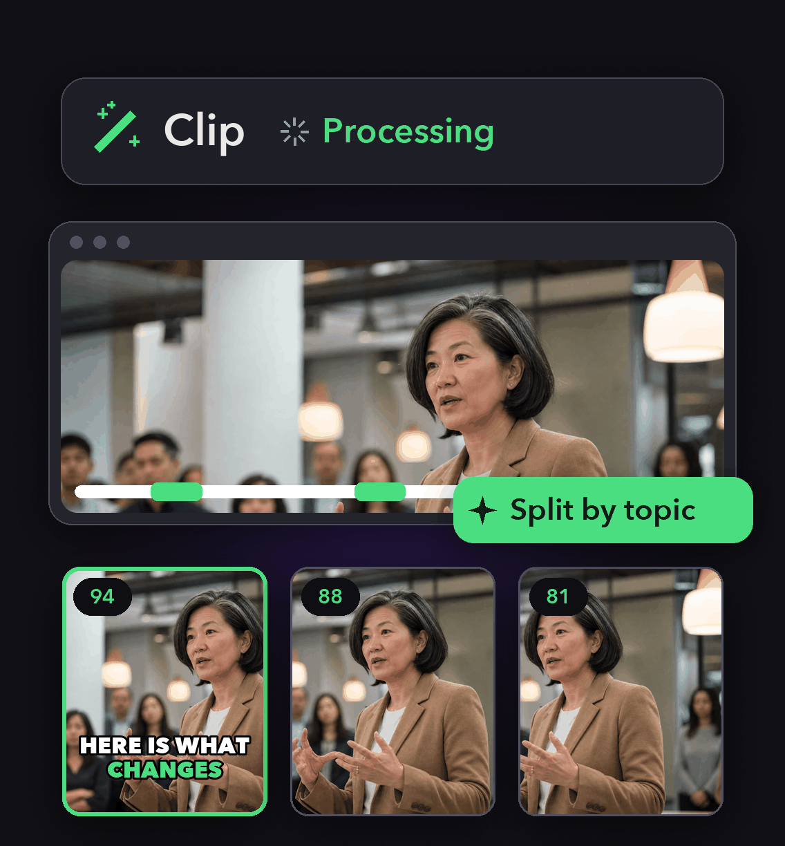 Internal Communications Video: a long video cut into vertical clips ranked by Virality Score in OpusClip