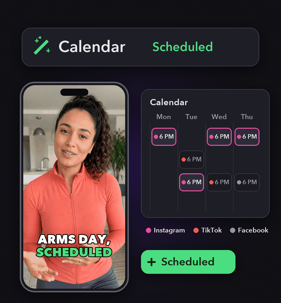 Instagram Scheduling App: a creator's clip on a phone next to a calendar of scheduled posts in OpusClip