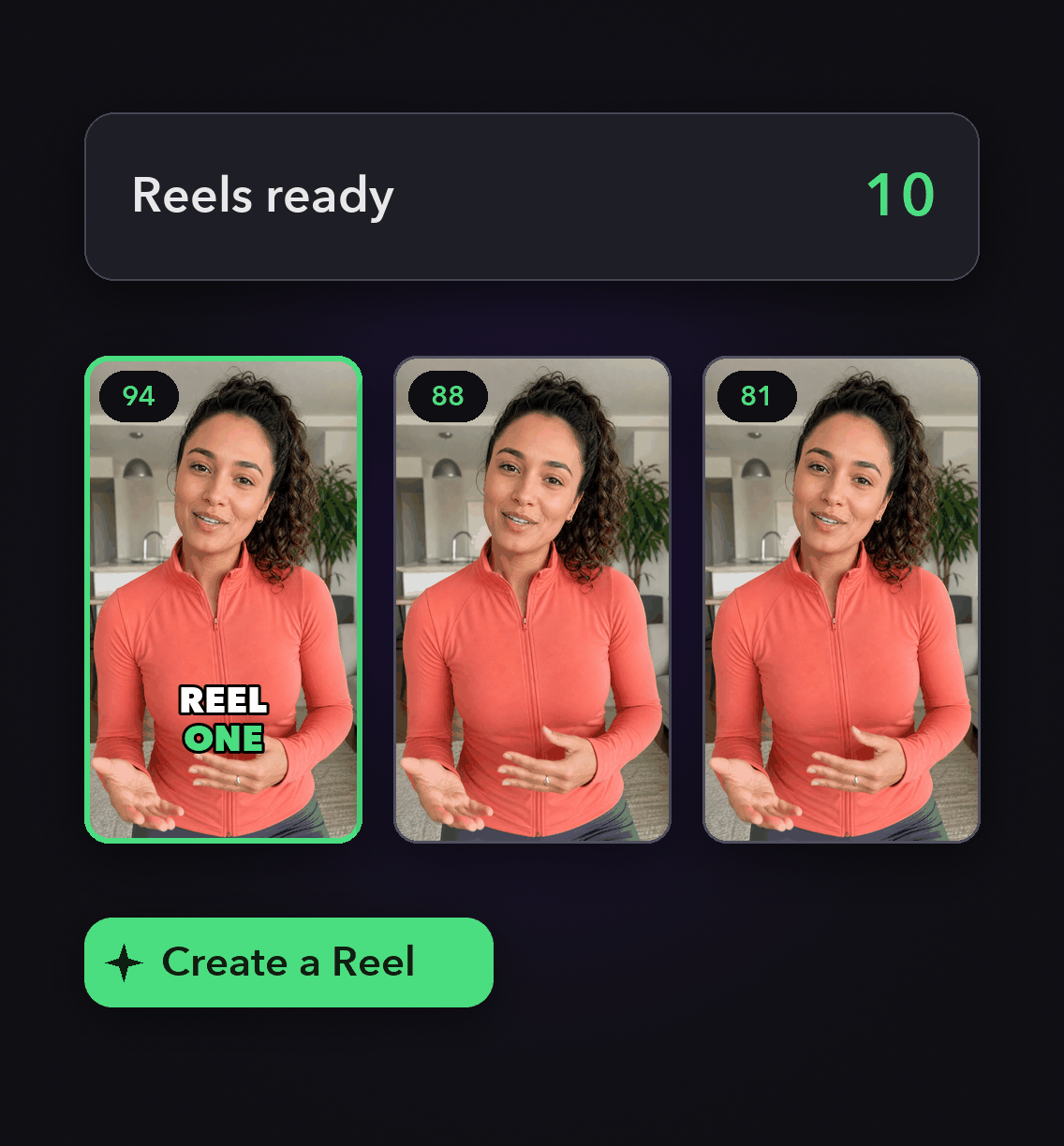 Reels made and scheduled in one place: clips cut from a long video, each with a Virality Score