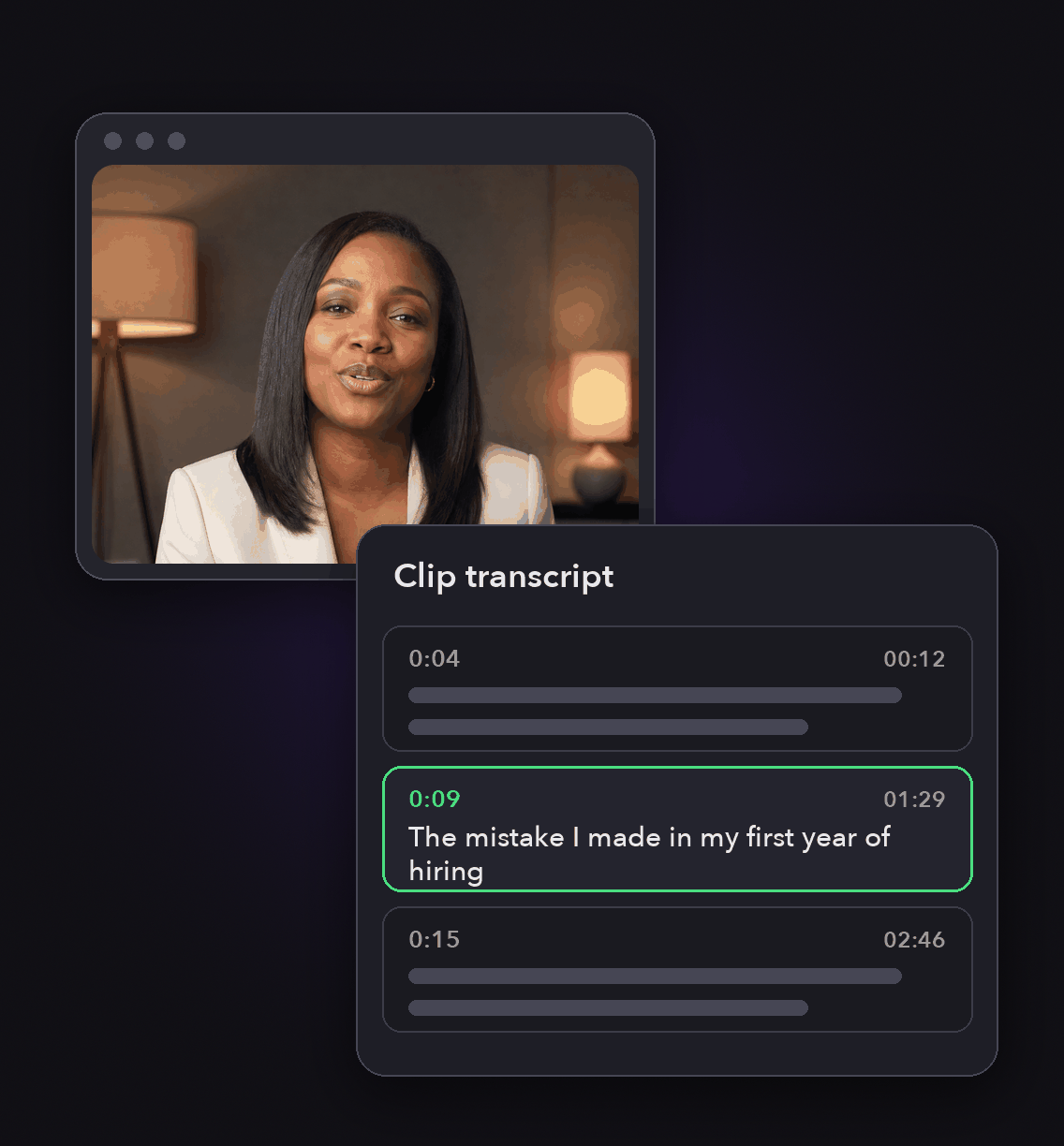 Written from the transcript: a transcript with speaker labels and timestamps next to the video