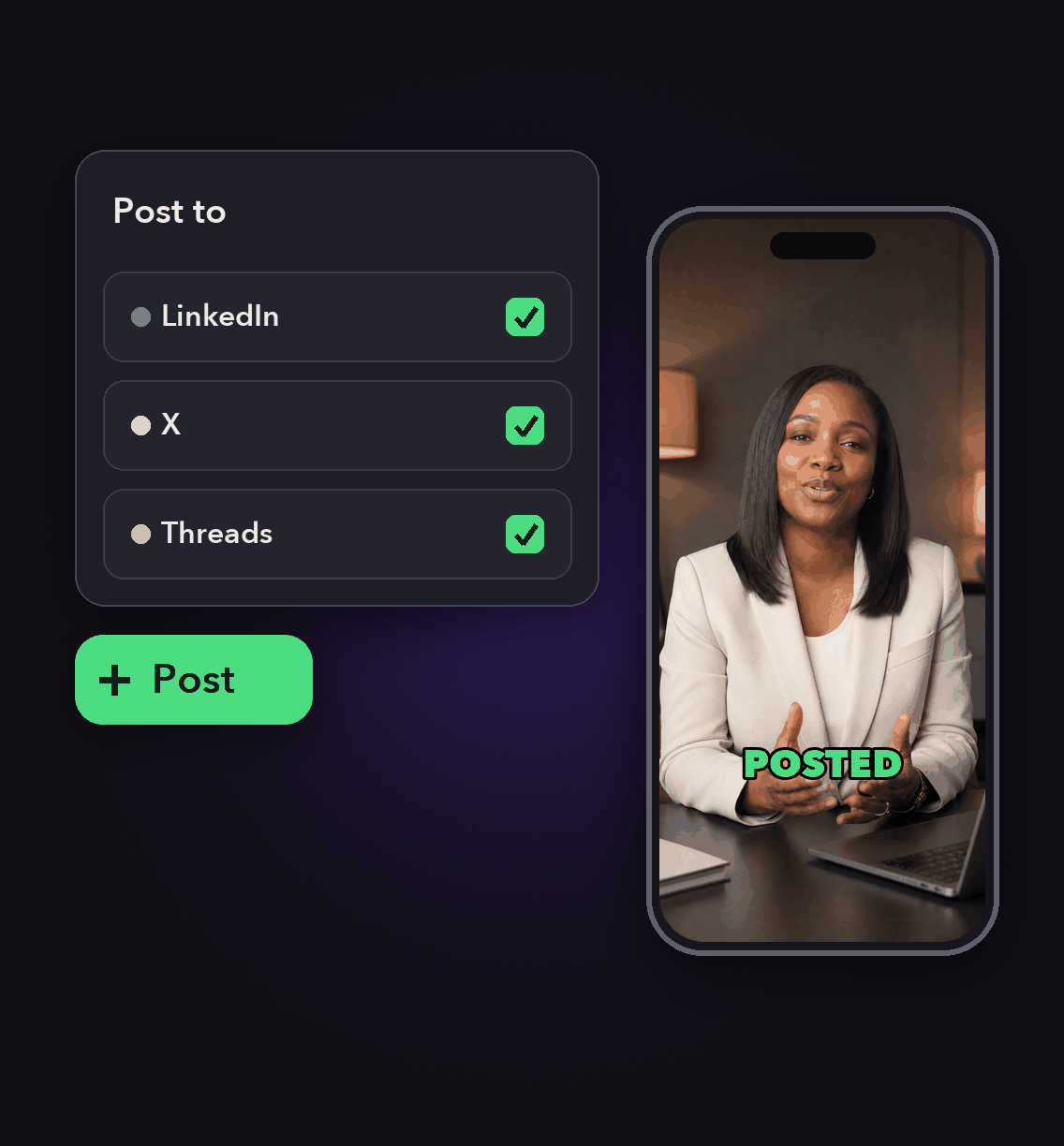 Editable, then posted or queued: a clip ready to post to several social platforms