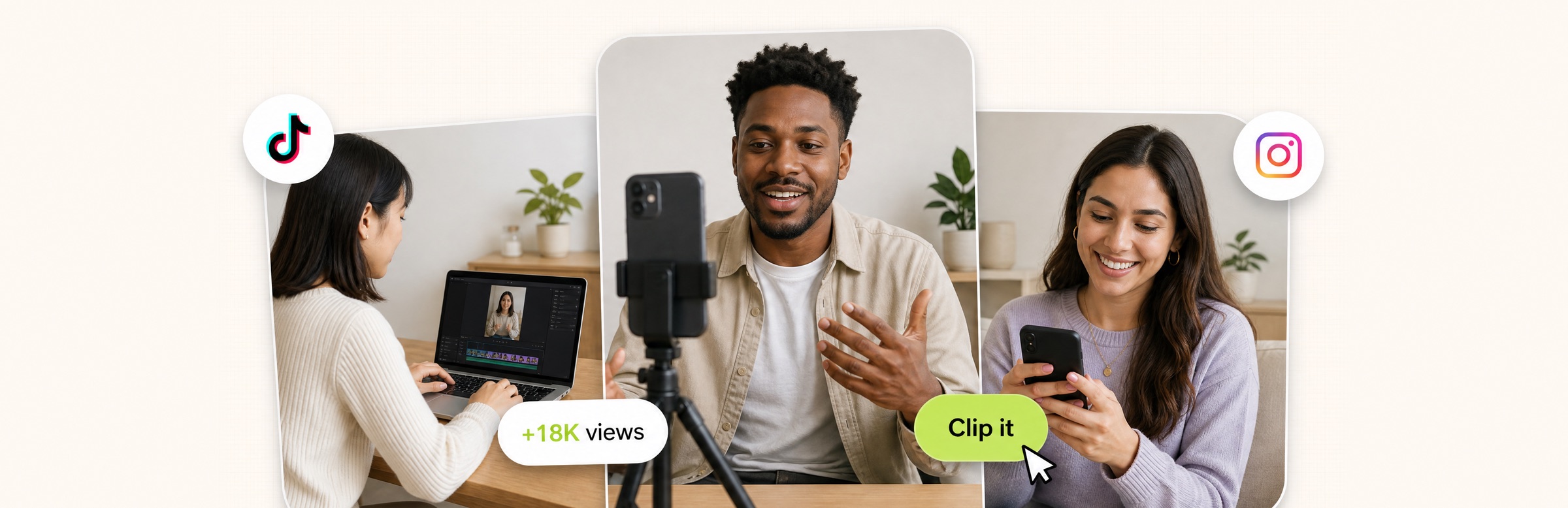Creators editing and filming short videos, with TikTok and Instagram badges and a views badge