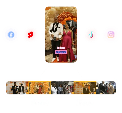 Vertical livestream clip of a man in a white suit and woman in a red dress walking on a red carpet with balloon decorations, highlighted as an event moment.