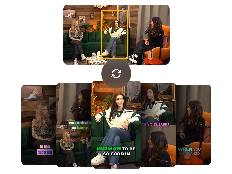 Podcast video clips of three women on a couch with auto-generated colorful captions, reframed into different aspect ratios.