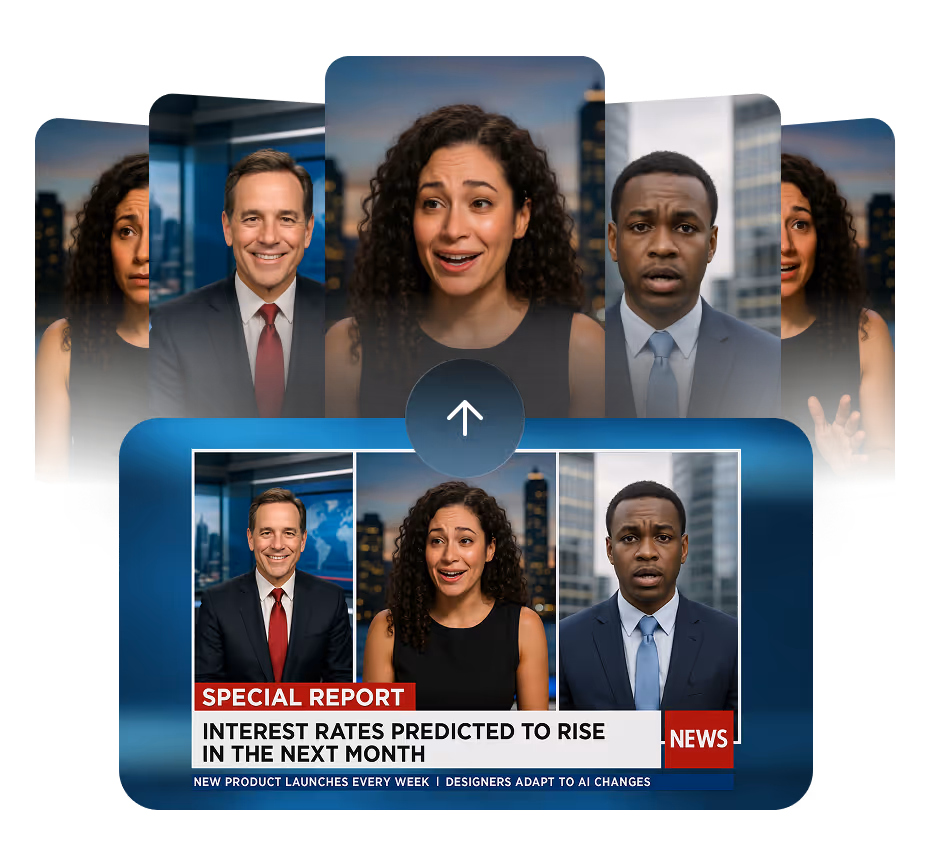 Stacked news video thumbnails showing anchors and reporters, with a highlighted clip labeled âSpecial Report: Interest rates predicted to rise in the next month,â demonstrating OpusClip APIâs automated clipping and publishing for news feeds.