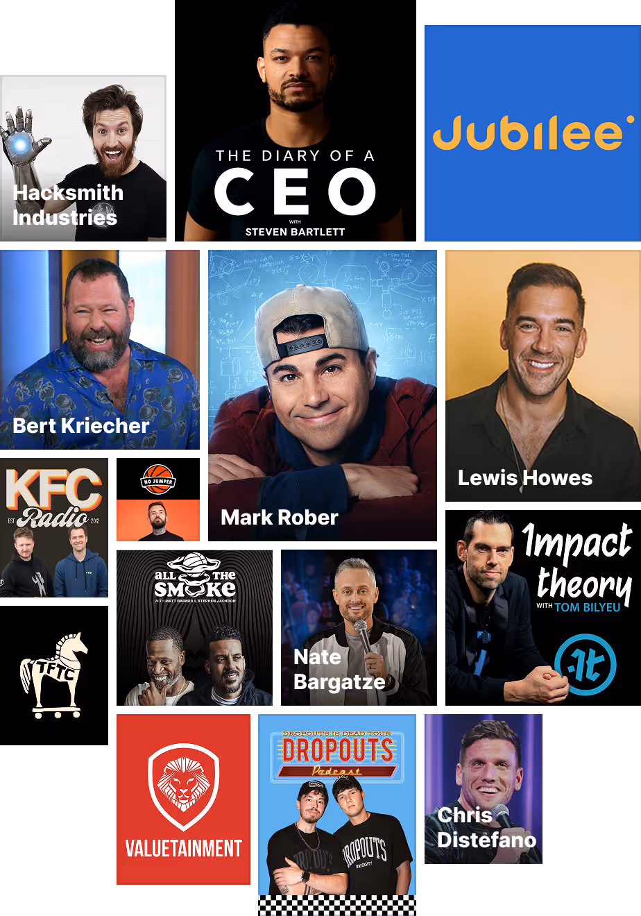 Collage of creators and podcast logos – The Diary of a CEO, Jubilee, KFC Radio, Impact Theory, Valuetainment, Dropouts, Chris Distefano, Bert Kriecher, Mark Rober, Lewis Howes, Nate Bargatze, and more