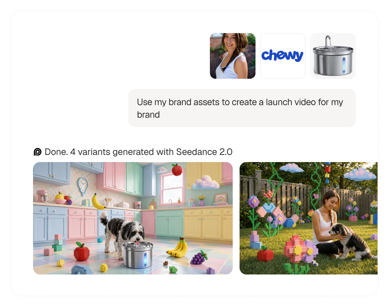 Agent Opus prepares a video plan from the prompt "Prepare a plan to remake the brand video for the new flavor," showing two green vivi product shots and a cost summary of 60 credits before anything is spent.