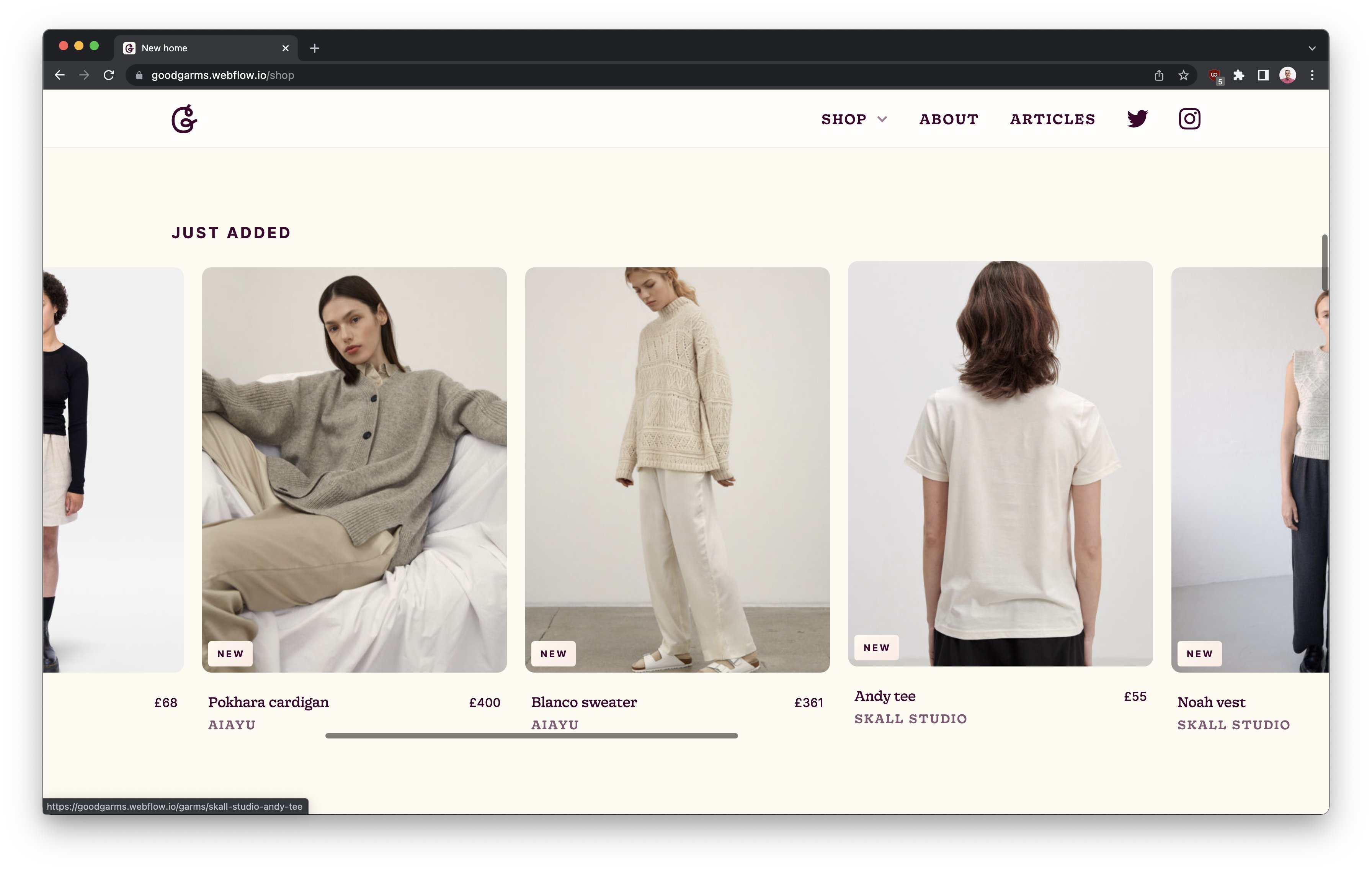 Horizontally scrollable product section