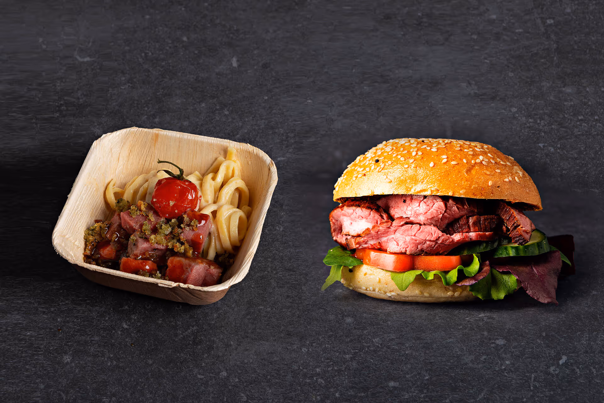 Picture of pasta and burger package from Streetquizine Streetfood