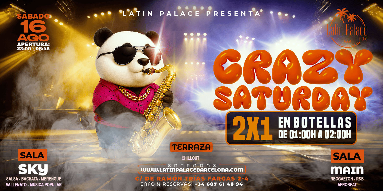¿El mejor plan para un sábado? No te puedes perder Crazy Saturday en Latin Palace y vivas una experiencia única con baile, risas y momentos inolvidables | Disfruta de nuestra hora loca de 2:00 a 3:00. En Latin Palace puedes escoger tu rumba favorita en cualquiera de nuestras dos salas. En nuestra Sala Main disfruta con lo mejor del género urbano (Reggaetón - R&B - Afrobeat) y en nuestra sala Sky disfruta de música latina crossover (Salsa-Bachata-Merengue-Vallenato-Musica Popular)