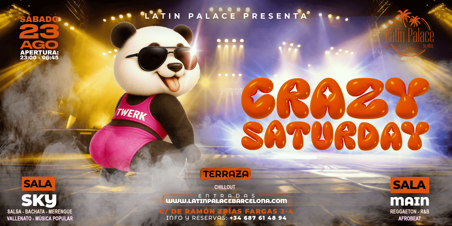 ¿El mejor plan para un sábado? No te puedes perder Crazy Saturday en Latin Palace y vivas una experiencia única con baile, risas y momentos inolvidables | Disfruta de nuestra hora loca de 2:00 a 3:00. En Latin Palace puedes escoger tu rumba favorita en cualquiera de nuestras dos salas. En nuestra Sala Main disfruta con lo mejor del género urbano (Reggaetón - R&B - Afrobeat) y en nuestra sala Sky disfruta de música latina crossover (Salsa-Bachata-Merengue-Vallenato-Musica Popular)
