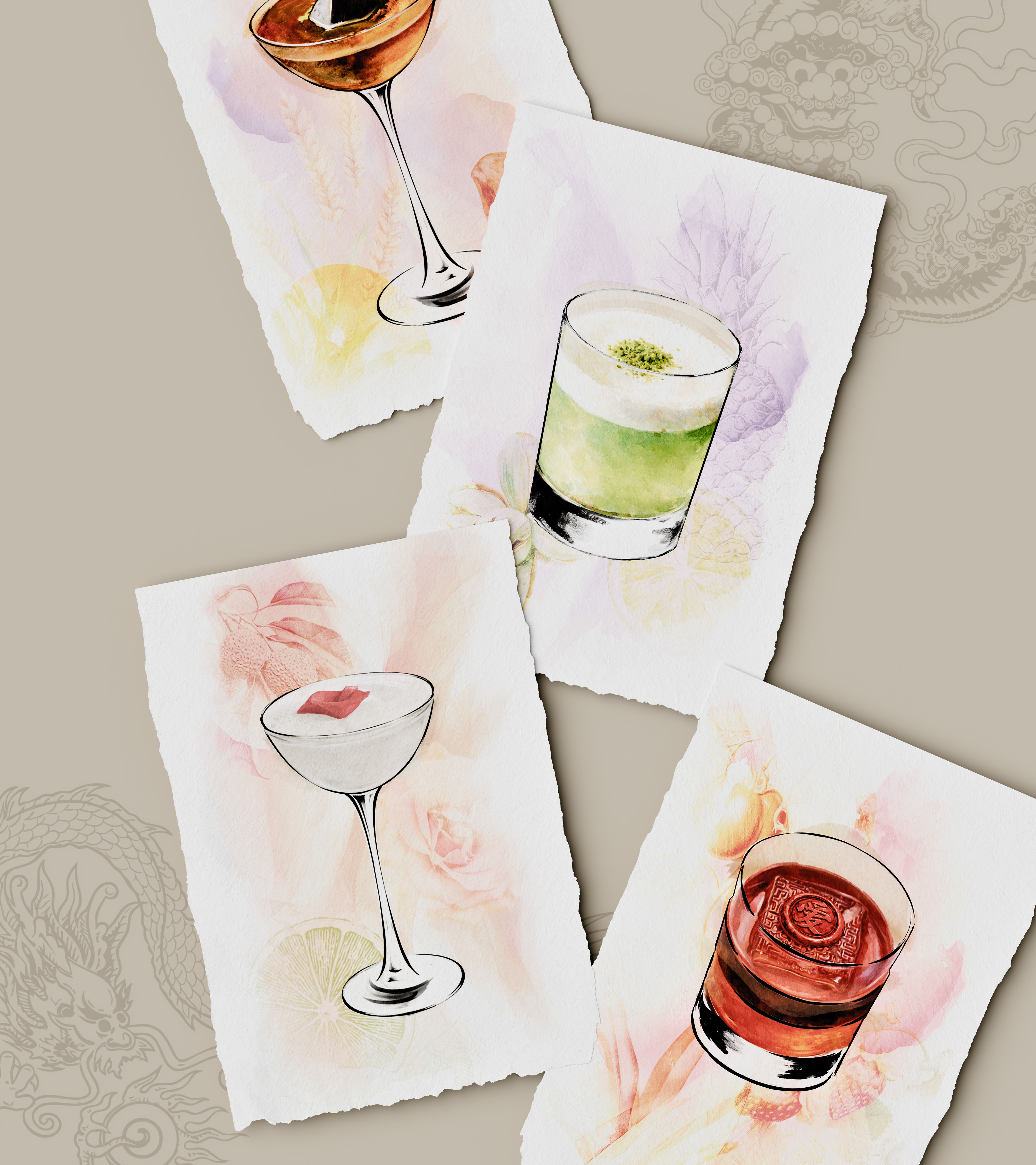 Chinese-inspired cocktail illustrations for Hakkasan’s bespoke menu, combining watercolour-style drinks with fruit and floral details on textured paper, arranged over fine dragon and tiger line drawings.