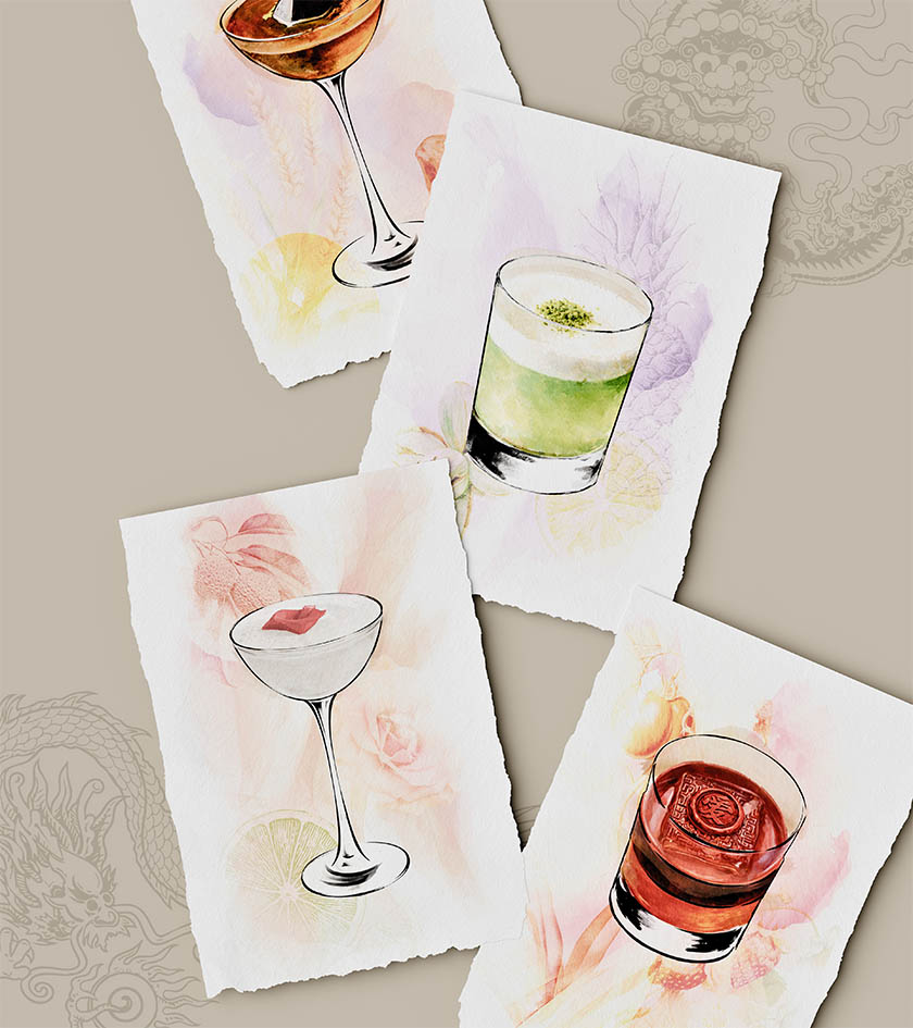 Chinese-inspired cocktail illustrations for Hakkasan’s bespoke menu, combining watercolour-style drinks with fruit and floral details on textured paper, arranged over fine dragon and tiger line drawings.