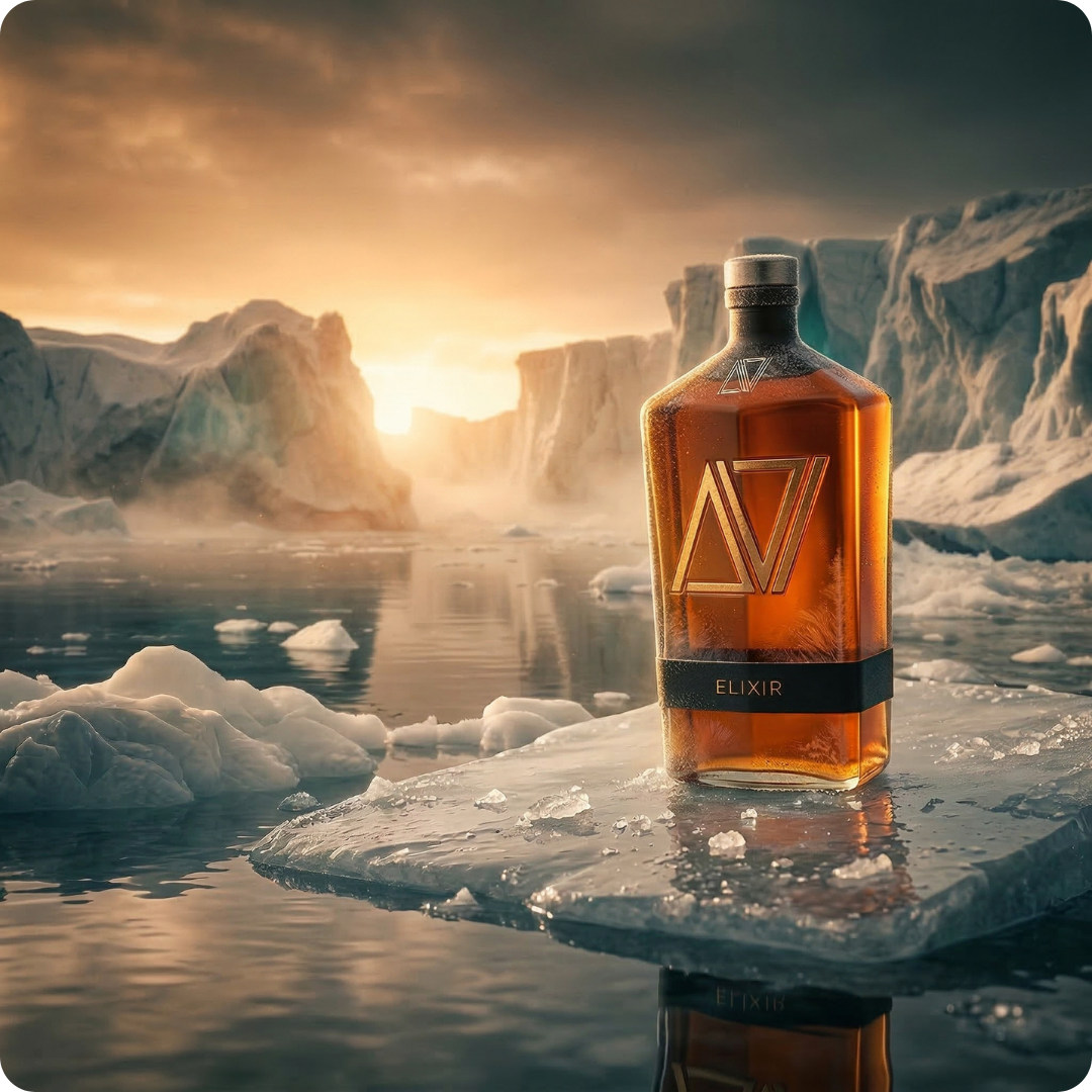 Amber-colored rectangular bottle labeled 'ELIXIR' placed on a floating ice chunk in a cold, icy landscape at sunset.