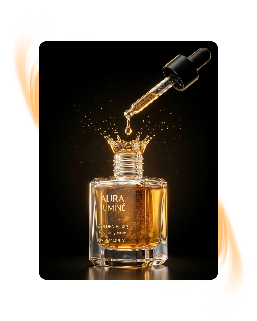 Glass bottle of Aura Luminé Golden Elixir nourishing serum with golden liquid dropper above, a drop falling and creating splash in bottle neck.
