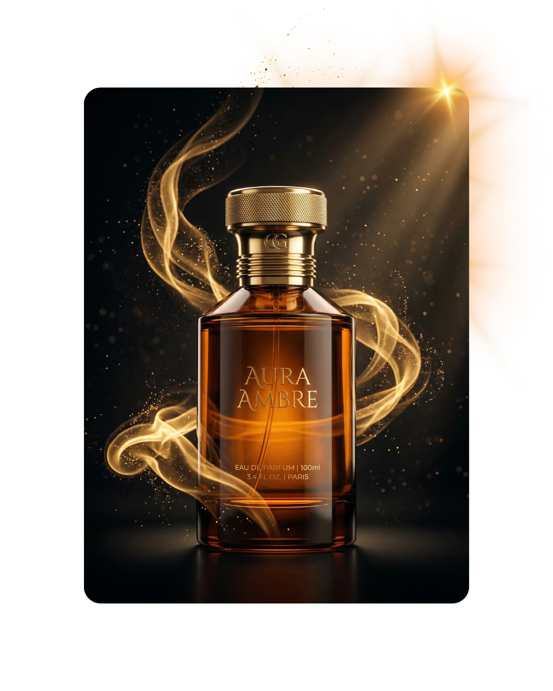 Amber-colored perfume bottle labeled Aura Ambre with golden cap and swirling golden smoke effects on a dark background.