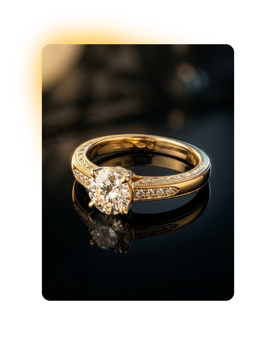 Gold ring with a large round diamond centerpiece and smaller diamonds set along the band, reflected on a glossy black surface.