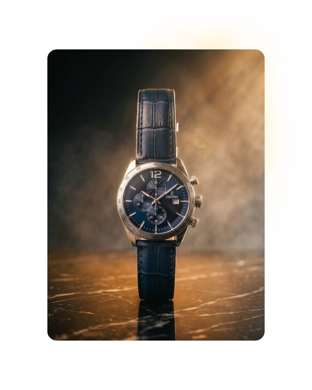 Luxury Festina wristwatch with a blue leather strap and a dark blue dial featuring chronograph subdials and a date display.