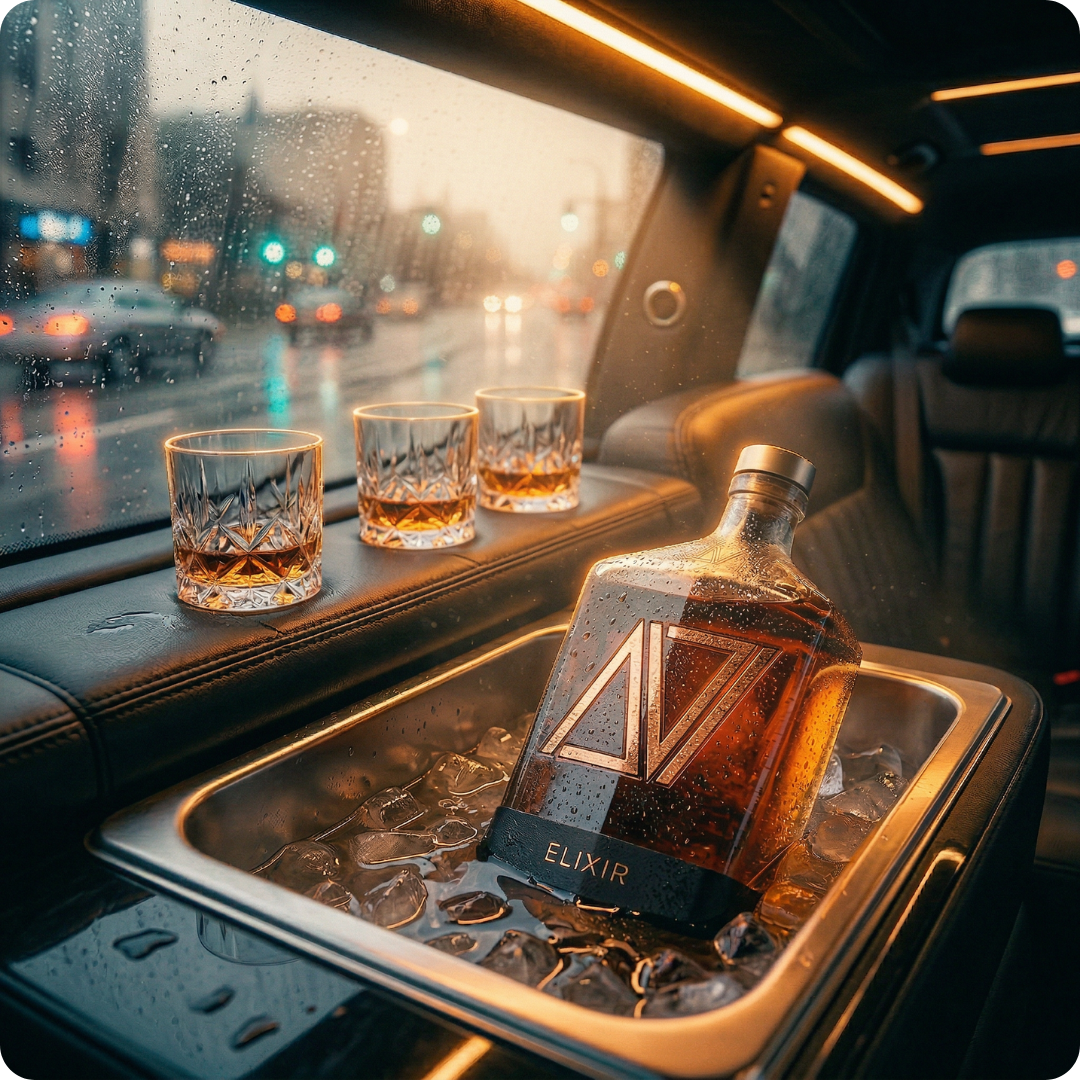 Amber-colored rectangular bottle labeled 'ELIXIR' placed on a floating ice chunk in a cold, icy landscape at sunset.