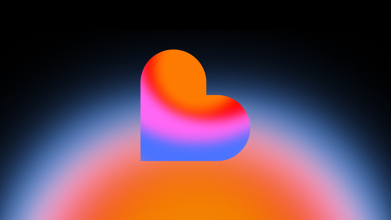 A stylised heart shape with sharp edges and a gradient blend of orange, red, pink, and blue, set against a dark-to-light gradient background that fades from black at the top to orange at the bottom.